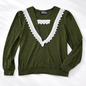 Silver Threads Vintage Green Lace Trim Top – Size L (Made in USA)